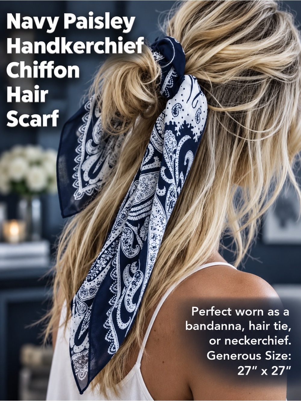 Chiffon Hair Scarf ~ Navy Paisley